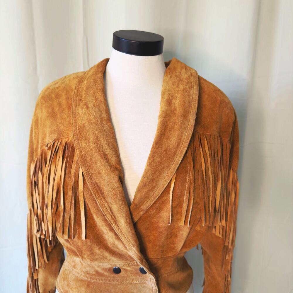 VTG 80s Michael Joseph Cropped Fringe Leather Jacket size Medium - Picture 3 of 11